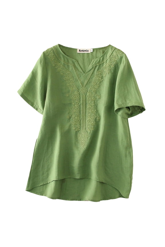 Women's Embroidered Blouse Tunic V-Neck Linen Tops Short Sleeve Hi-Low Hem Shirt Green XL