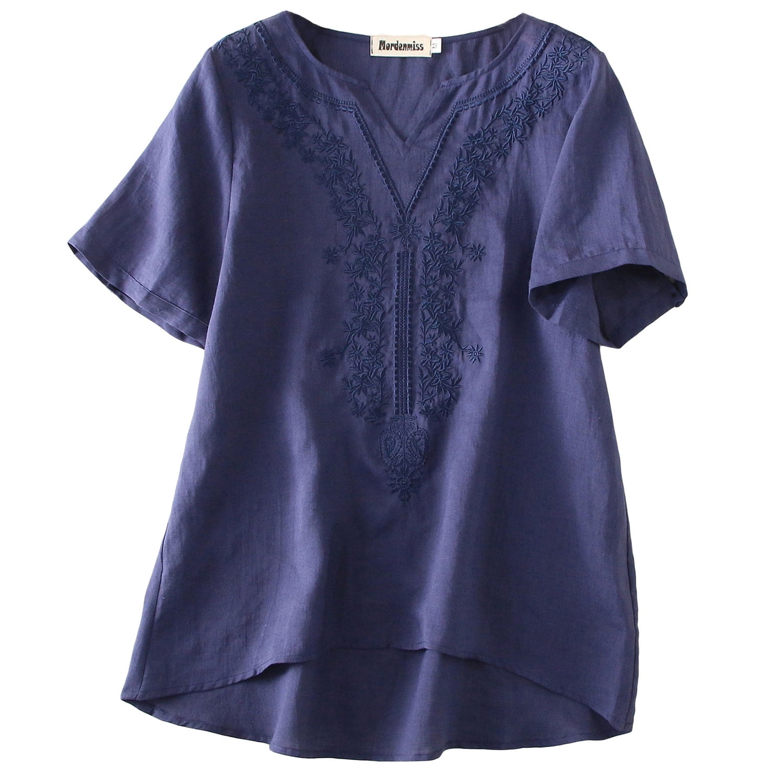 Women's Embroidered Blouse Tunic V-Neck Linen Tops Short Sleeve Hi-Low ...