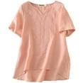 thumbnail image 1 of Women's Embroidered Blouse Tunic V-Neck Linen Tops Short Sleeve Hi-Low Hem Shirt Pink M, 1 of 1