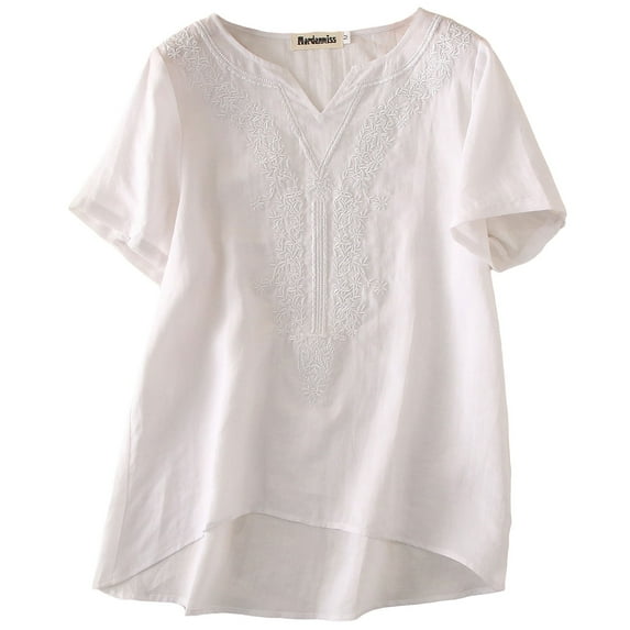 Women's Embroidered Blouse Tunic V-Neck Linen Tops Short Sleeve Hi-Low Hem Shirt White L