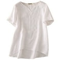 thumbnail image 1 of Women's Embroidered Blouse Tunic V-Neck Linen Tops Short Sleeve Hi-Low Hem Shirt White M, 1 of 1