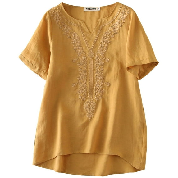 Women's Embroidered Blouse Tunic V-Neck Linen Tops Short Sleeve Hi-Low Hem Shirt Yellow XL