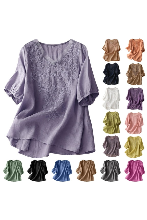 Women's Embroidered Blouse,V-Neck Floral Boho Tunic Tops Casual Cotton Linen Shirts Short Sleeve Hi-Low Hem Longshirt