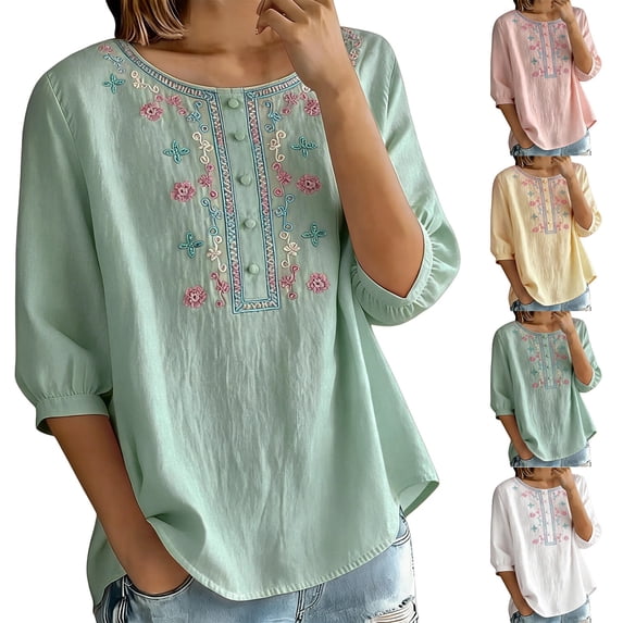 Women's Embroidered Blouses Summer Round Neck Embroidered Top 3/4 Sleeve Casual Boho Loose Lightweight Daily Shirts by Yigetop Yellow M