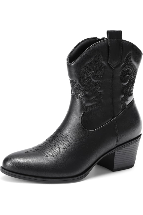 Women's Embroidered Booties - Low Chunky Heel Ankle Boots with Round Toe for Fall