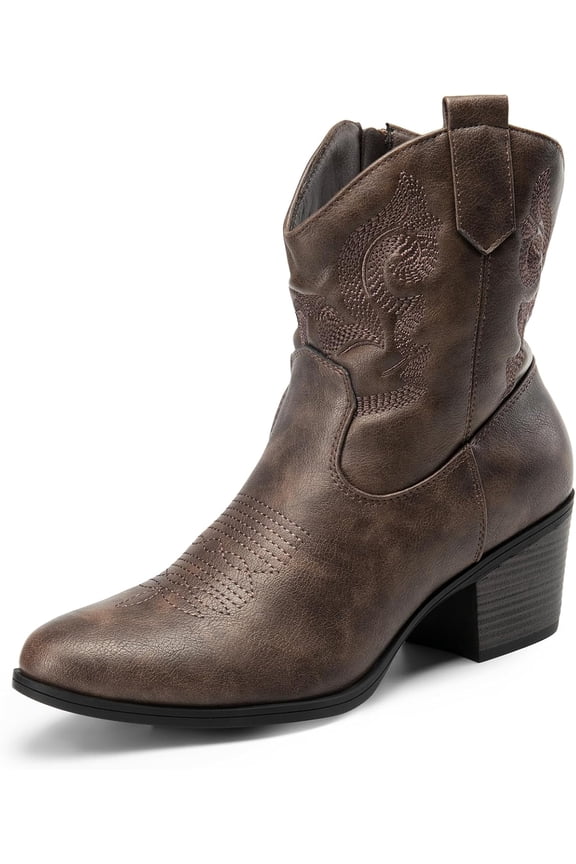 Women's Embroidered Booties - Low Chunky Heel Ankle Boots with Round Toe for Fall