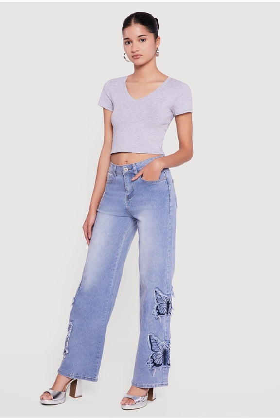Women's Embroidered Butterfly Graphic Frayed Wide Leg Jeans