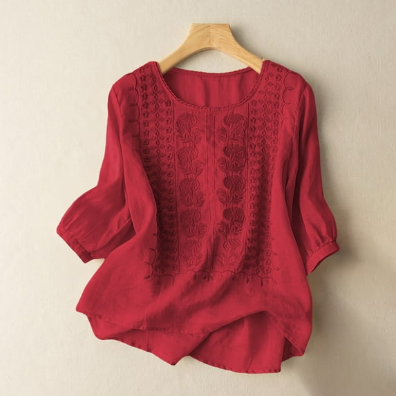 Women's Embroidered Casual Top, 3/4 Sleeve Pleated Cotton Linen Shirt, Soft Loose Fit Solid Color T-Shirt for Work, Dating, Vacation and Everyday Summer Outfits Red XL