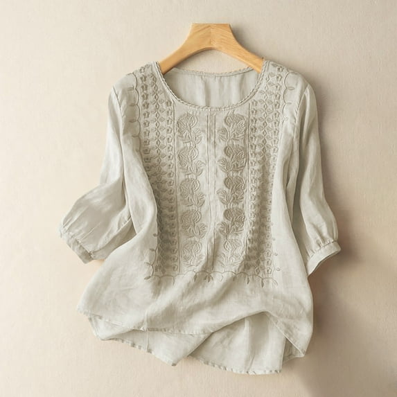 Women's Embroidered Casual Top, 3/4 Sleeve Pleated Cotton Linen Shirt, Soft Loose Fit Solid Color T-Shirt for Work, Dating, Vacation and Everyday Summer Outfits Beige L