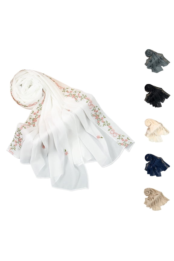 Women's Embroidered Chiffon Scarf, Lightweight Floral Shawl Wrap, Versatile Fashion Accessory for Spring Summer Fall, Elegant Gift for Women-Navy