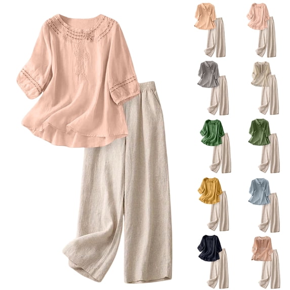 Women's Embroidered Cotton Linen Blend 2 Piece Set - Round Neck 3/4 Sleeve Tunic Top & High Waist Wide Leg Pants, Boho Casual Lounge Outfit Black L-3