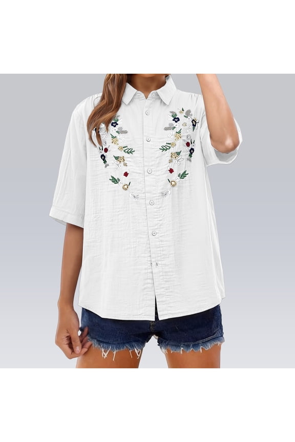 Women's Embroidered Cotton Linen Shirt, Loose Fit Short Sleeve Button Down Blouse with Floral Pattern, Breathable Casual T-Shirt for Beach Vacation, Daily Wear and Boho Chic Outfits-White
