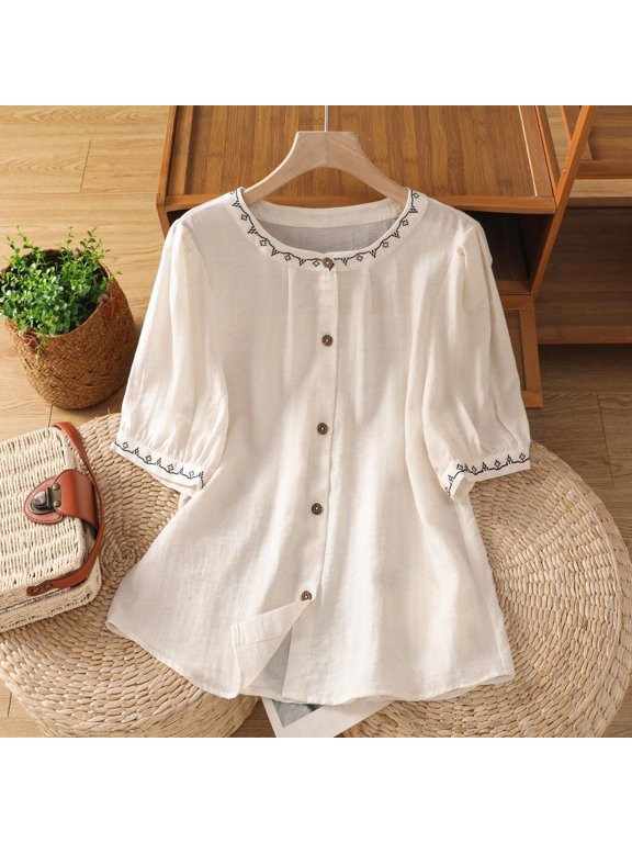 Women's Embroidered Cotton Linen Shirt, Round Neck 3/4 Sleeve Button Down Casual Blouse with Fresh and Dainty Stitching, Bohemian Style Top for Spring and Summer Beige XXL