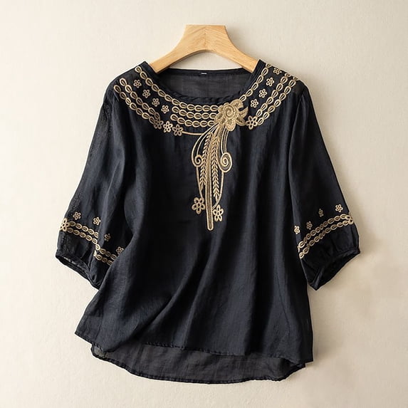 Women's Embroidered Cotton Linen T-Shirt, Loose Fit Casual Top, Bohemian Summer Blouse for Vacation, Daily Wear, Dating and Relaxed Outfits Black L