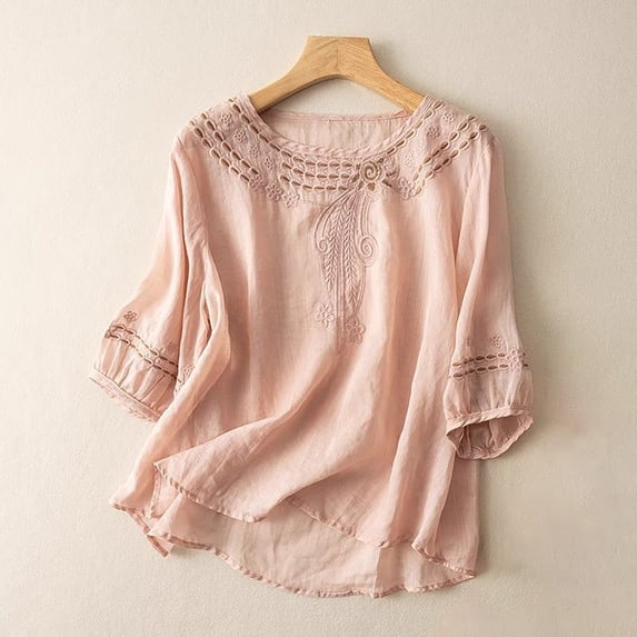 Women's Embroidered Cotton Linen T-Shirt, Loose Fit Casual Top, Bohemian Summer Blouse for Vacation, Daily Wear, Dating and Relaxed Outfits Pink XL