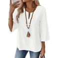 thumbnail image 1 of Women's Embroidered Cotton Linen T-Shirt, V Neck 3/4 Sleeve Loose Fit Blouse, Bohemian Summer Top for Casual Daily Wear, Vacation, Date Night and Relaxed Outfits White XL, 1 of 2