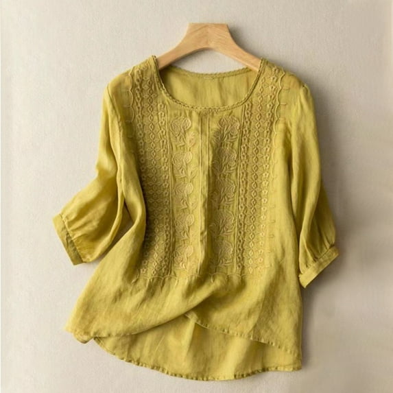 Women's Embroidered Cotton Linen Top, 3/4 Sleeve Round Neck Loose Fit T-Shirt, Plus Size Vintage Style Boho Chic Blouse for Casual Everyday Wear and Relaxed Outfits Yellow XXL
