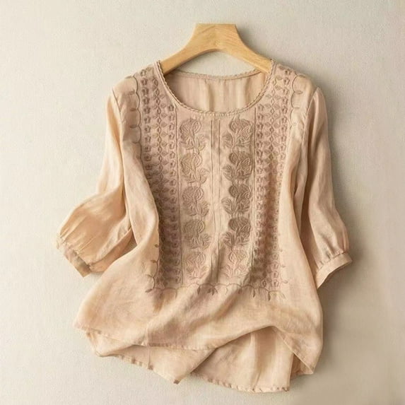 Women's Embroidered Cotton Linen Top, 3/4 Sleeve Round Neck Loose Fit T-Shirt, Plus Size Vintage Style Boho Chic Blouse for Casual Everyday Wear and Relaxed Outfits Khaki L