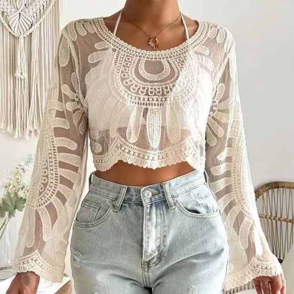 Women's Embroidered Crochet Lace Cover Up Long Sleeve Round Neck Beach Shirt, Lightweight Breathable Sun Protection Top for Vacation & Summer Resorts Beige One Size