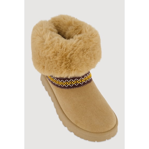 Women's Embroidered Detail Faux Fur Cuff Ankle Boots