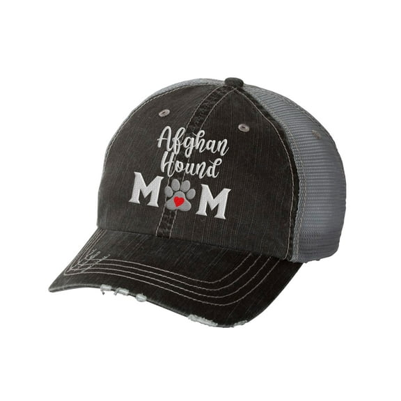 Women's Embroidered Dog Mom Distressed Baseball Cap, Black/Grey-Afghan Hound