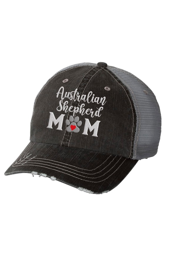 Women's Embroidered Dog Mom Distressed Baseball Cap, Black/Grey-Australian Shepherd