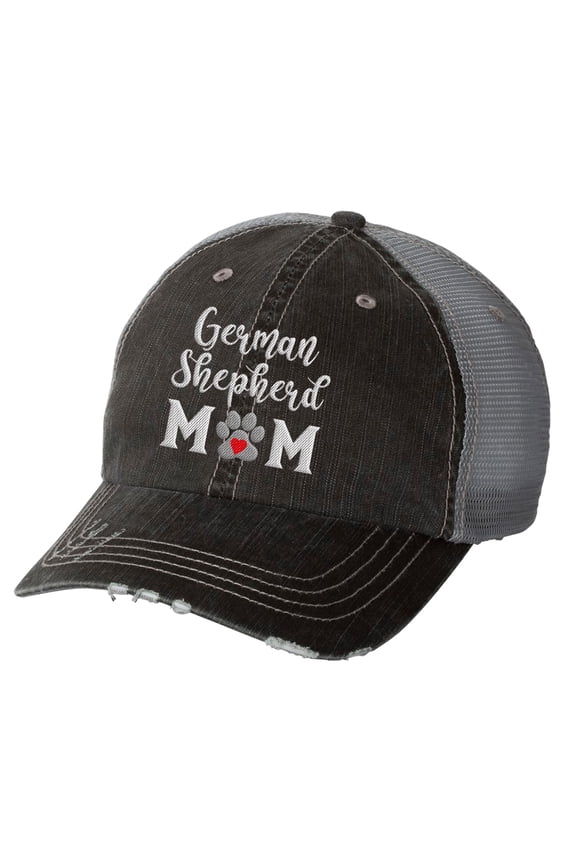 Women's Embroidered Dog Mom Distressed Baseball Cap, Black/Grey-German Shepherd