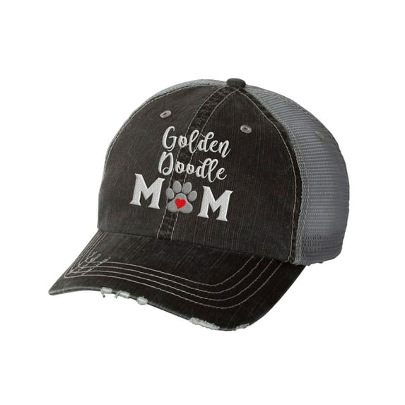 Women's Embroidered Dog Mom Distressed Baseball Cap, Black/Grey-Golden Doodle