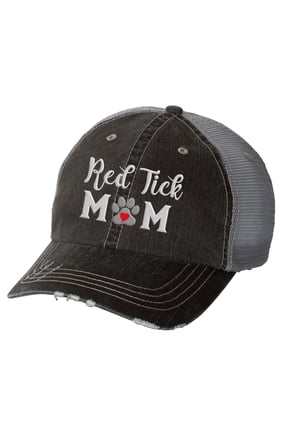 Women's Embroidered Dog Mom Distressed Baseball Cap, Black/Grey-Red Tick