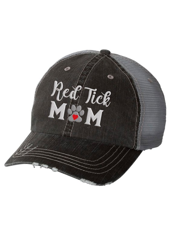 Women's Embroidered Dog Mom Distressed Baseball Cap, Black/Grey-Red Tick