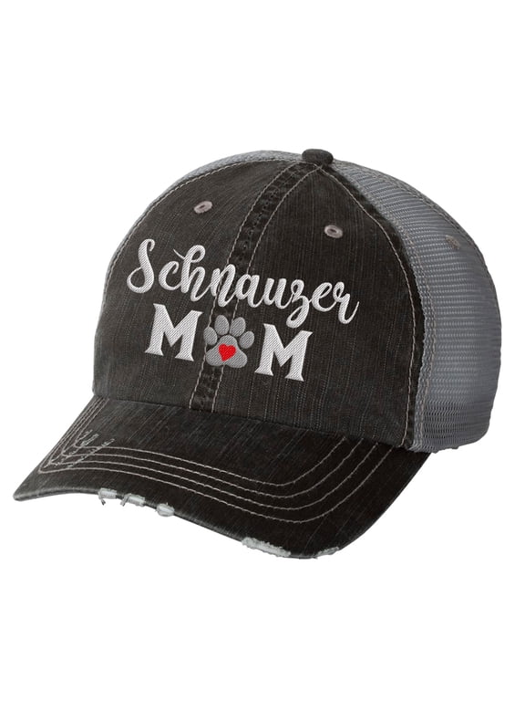 Women's Embroidered Dog Mom Distressed Baseball Cap, Black/Grey-Schnauzer