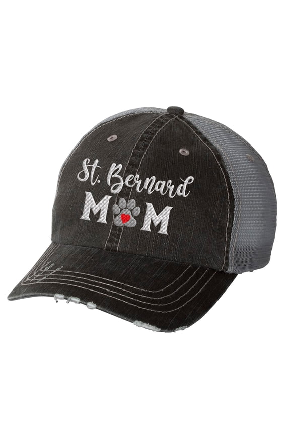 Women's Embroidered Dog Mom Distressed Baseball Cap, Black/Grey-St. Bernard