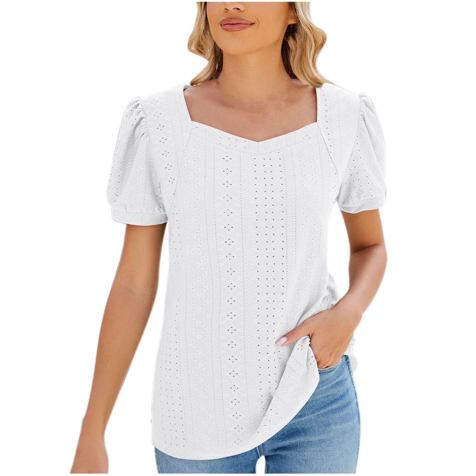 Women's Embroidered Eyelet Blouse T-Shirt Summer Short Sleeve