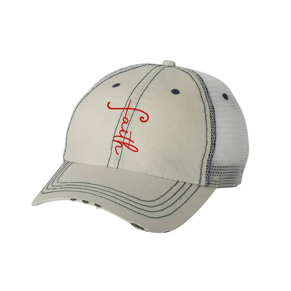Women's Embroidered Faith Distressed Baseball Cap, Putty/Navy
