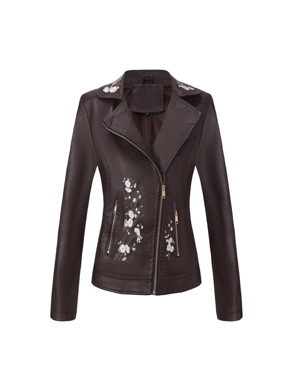 Women's Embroidered Faux Leather Moto Jacket with Double Pockets Long Sleeve Turndown Collar Zip-Up Biker Coat for Fall Street Style and Casual Weekend Outings
