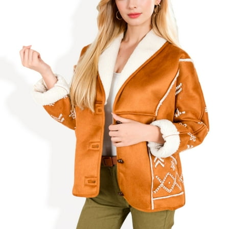 Women's Embroidered Faux Shearling Jacket with Shawl Collar - Large, Coffee