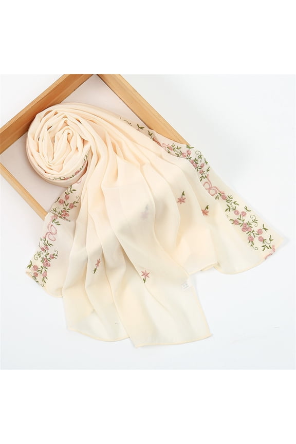 Women's Embroidered Floral Chiffon Scarf, Lightweight Summer Fall Wrap, Elegant Versatile Shawl for Wedding, Gift, and Casual Style Beige