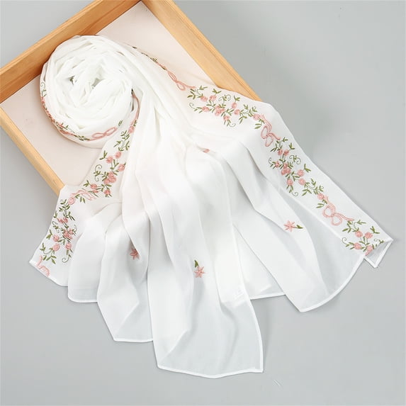 Women's Embroidered Floral Chiffon Scarf, Lightweight Summer Fall Wrap, Elegant Versatile Shawl for Wedding, Gift, and Casual Style White