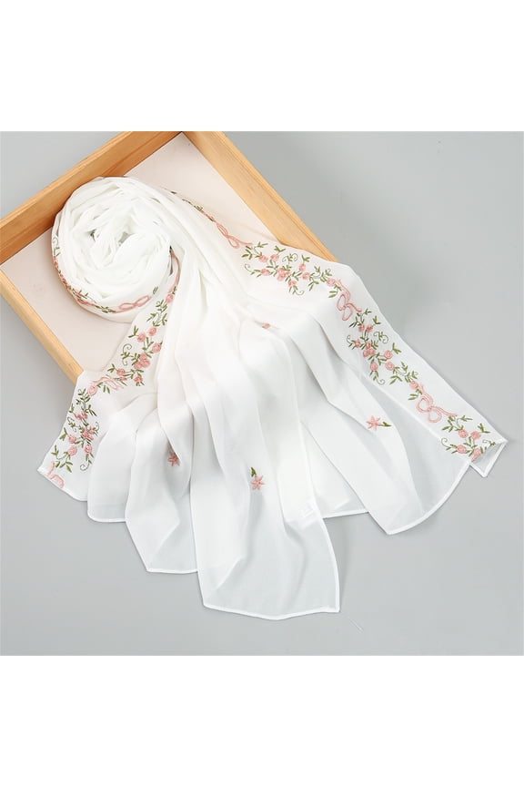 Women's Embroidered Floral Chiffon Scarf, Lightweight Summer Fall Wrap, Elegant Versatile Shawl for Wedding, Gift, and Casual Style White