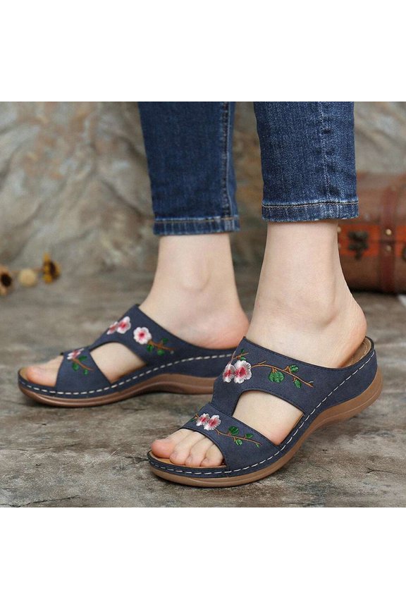Women's Embroidered Floral Wedge Slide Sandals, Open Toe Platform Slides, Comfortable Summer Shoes for Daily Wear, Beach, Vacation Blue 38