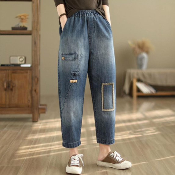 Women's Embroidered High Waisted Capri Jeans Elastic Waist Denim Pants Bohemian Style Summer Casual Comfort Fit Artistic Design Beige L
