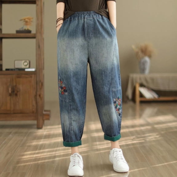 Women's Embroidered High Waisted Capri Jeans Elastic Waist Denim Pants Bohemian Style Summer Casual Comfort Fit Artistic Design Black M