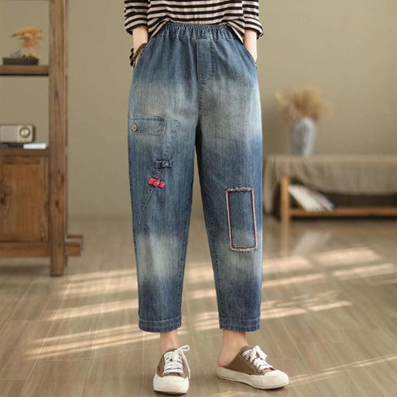 Women's Embroidered High Waisted Capri Jeans Elastic Waist Denim Pants Bohemian Style Summer Casual Comfort Fit Artistic Design Brick Red M