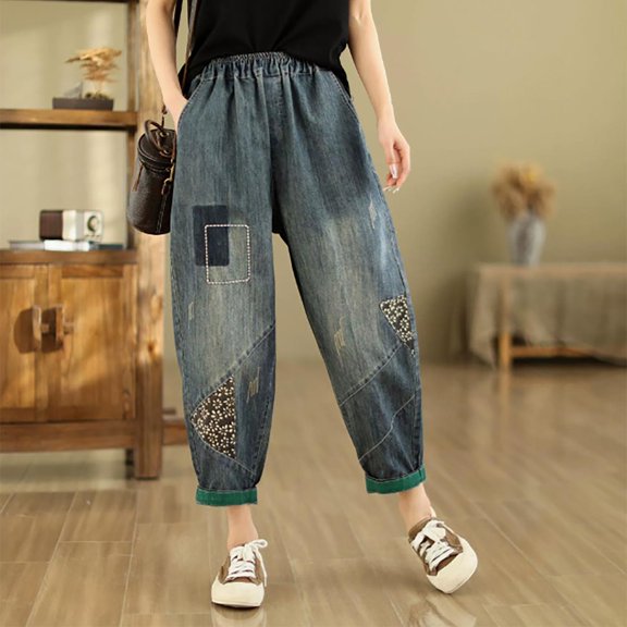 Women's Embroidered High Waisted Capri Jeans Elastic Waist Denim Pants Bohemian Style Summer Casual Comfort Fit Artistic Design Dark Blue L