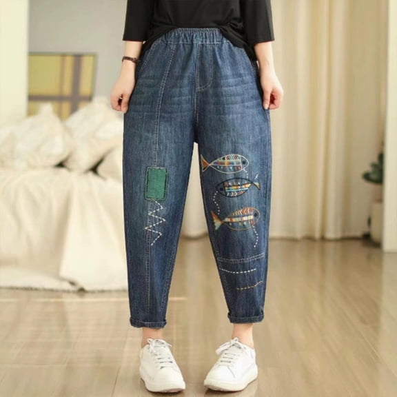 Women's Embroidered High Waisted Capri Jeans Elastic Waist Denim Pants Bohemian Style Summer Casual Comfort Fit Artistic Design Green M