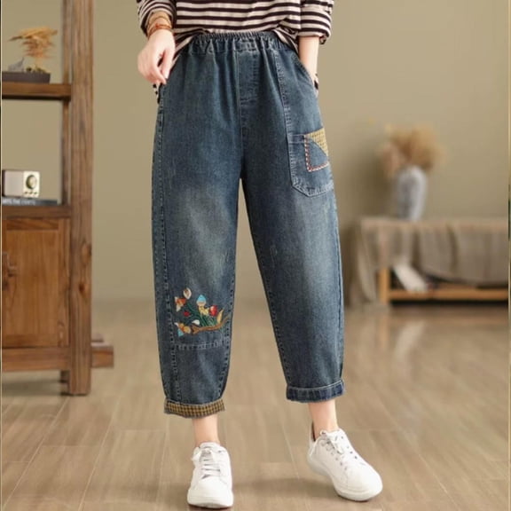 Women's Embroidered High Waisted Capri Jeans Elastic Waist Denim Pants Bohemian Style Summer Casual Comfort Fit Artistic Design Light Yellow M