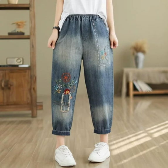Women's Embroidered High Waisted Capri Jeans Elastic Waist Denim Pants Bohemian Style Summer Casual Comfort Fit Artistic Design Red XL