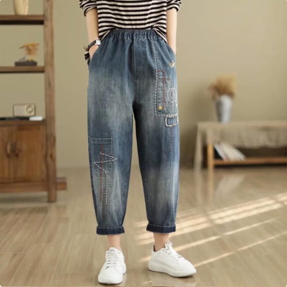 Women's Embroidered High Waisted Capri Jeans Elastic Waist Denim Pants Bohemian Style Summer Casual Comfort Fit Artistic Design White L