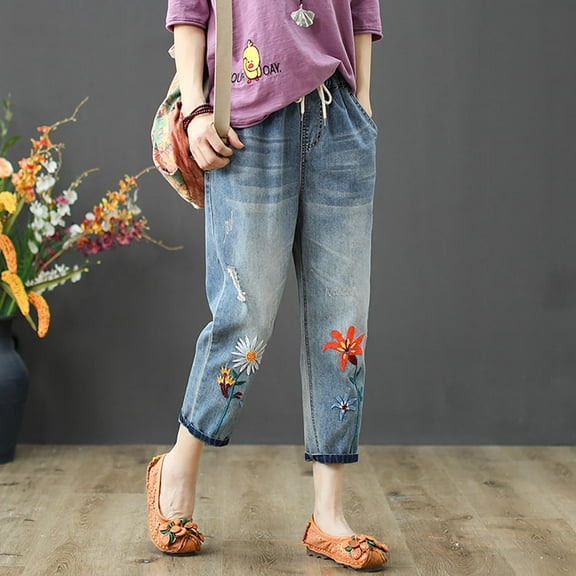 Women's Embroidered High Waisted Capri Jeans Elastic Waistband Denim Pants Breathable Comfort Fit Casual Summer Artistic Design Red M