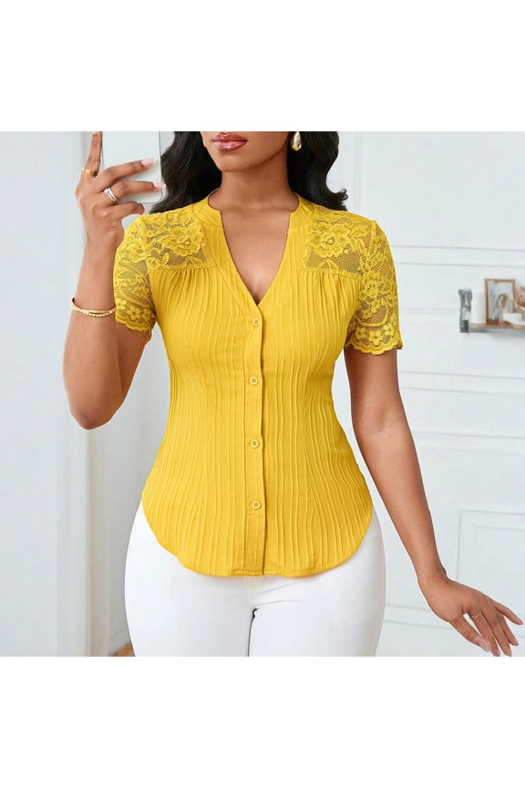 Women's Embroidered Hollow Out Blouse, Single Breasted Fitted Short Sleeve Top, Cottagecore Style for Garden Party or Photo Shoots, Yellow - M